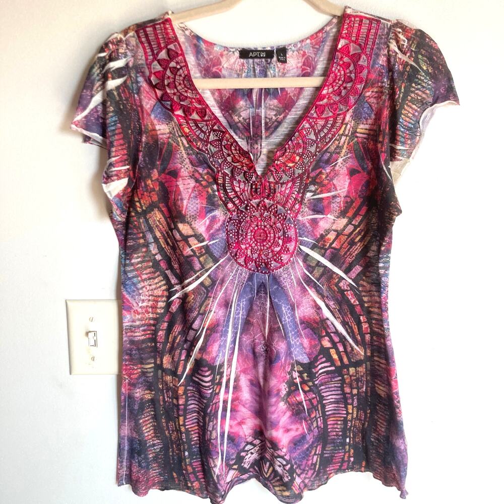 Y2K Apt 9 Pink Embellished Mandala Tie Dye Artsy Top Womens L Hippie Boho